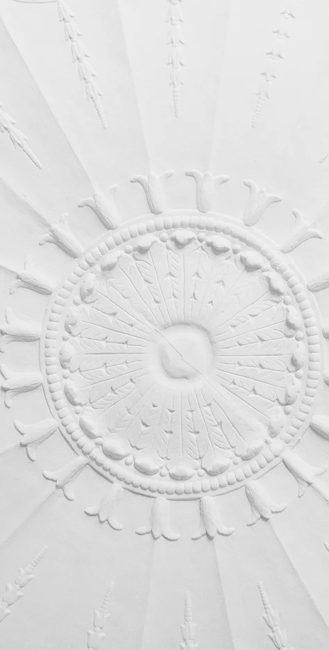 Elegant white plaster ceiling medallion with ornate circular design and radiating details