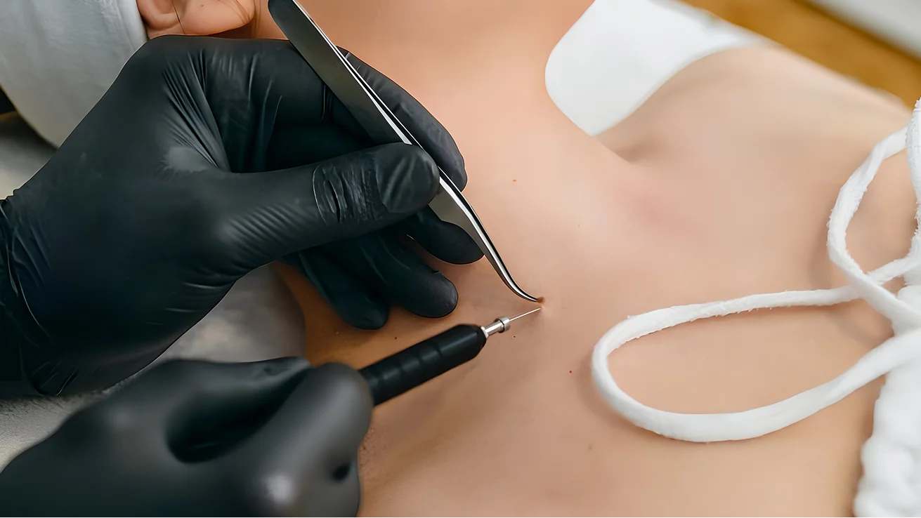 Podiatrist treating ingrown toenail with medical instrument while wearing black gloves in clinical setting - in New York, NY
