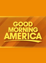 Good Morning America logo with yellow text on orange background with curved design elements