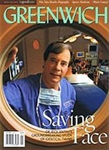 Greenwich Magazine cover featuring man in blue shirt with "Saving Face" headline