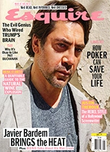 Esquire magazine cover featuring Javier Bardem with article headlines about poker, gaming, and lifestyle content