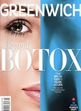 Greenwich Magazine cover featuring close-up of woman's eye and lips with Botox article headline