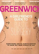Greenwich Magazine cover featuring girlfriend's guide to plastic surgery with pink background and directional arrows