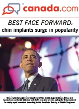 Businessman with chin implant at podium with canada.com branding and headline about facial implants popularity