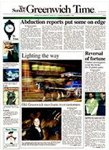 Greenwich Time newspaper front page showing headlines about abduction reports and holiday lighting with photos