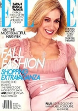 Elle magazine cover featuring blonde woman in pink dress with fashion headlines and beauty tips