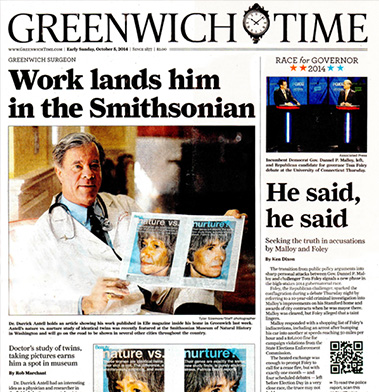 Greenwich Time newspaper front page featuring Smithsonian story and political debate coverage