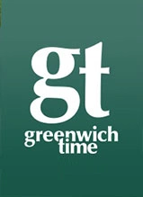 Greenwich Time logo with white 'gt' letters on dark green background